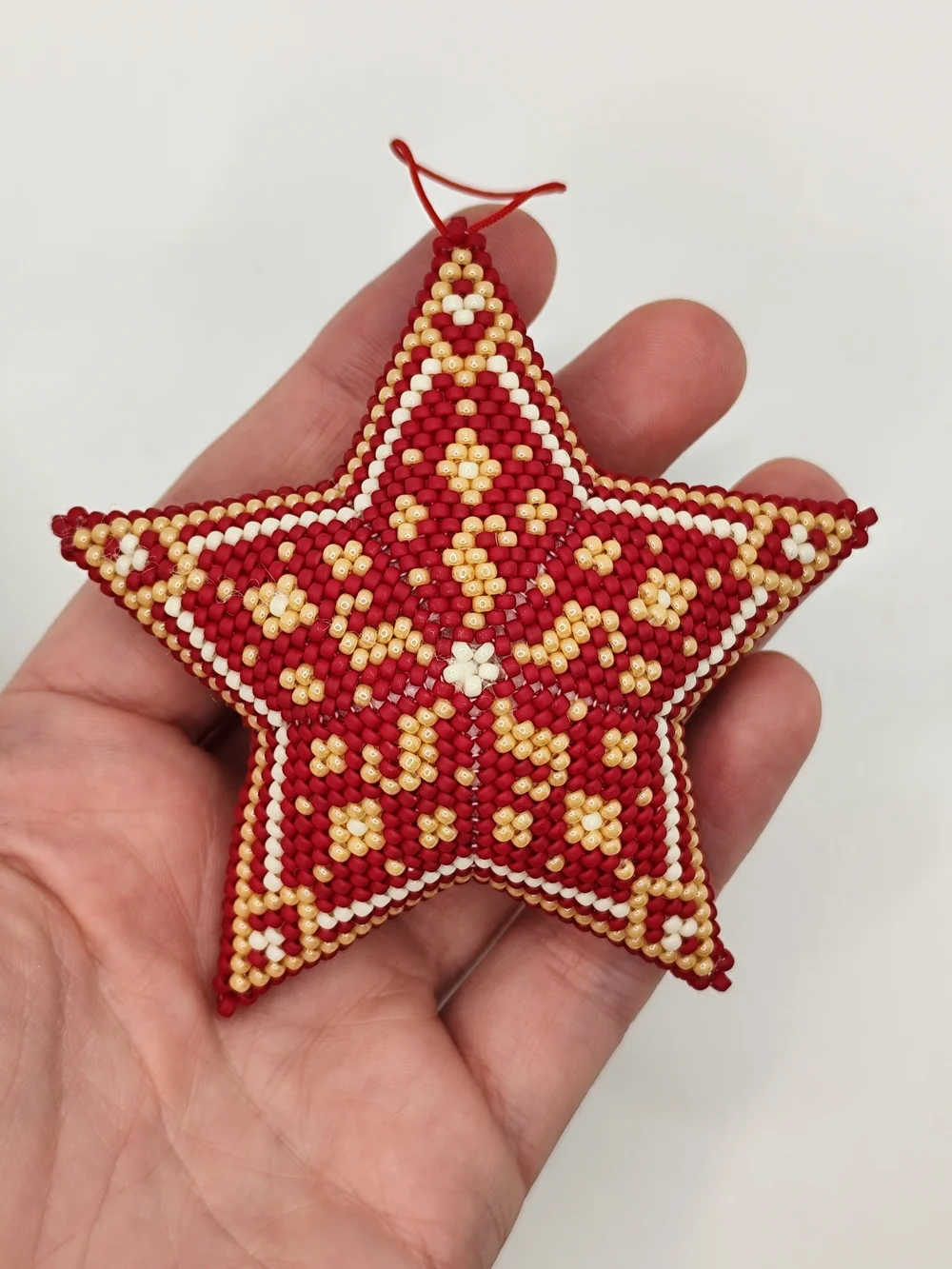 Handcrafted Star Ornament in Cream and Burgundy